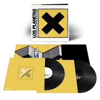 Portada de álbum con discos en vinilo y diseño amarillo con una "X" negra.