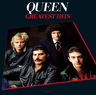 Portada del álbum "Greatest Hits" de Queen, con la banda posando en grupo.