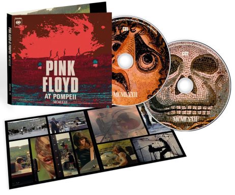 Portada de “Pink Floyd: At Pompeii” con CD y fotografías en un diseño artístico.