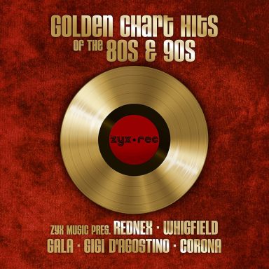 Diseño gráfico de un disco de oro con el texto "Golden Chart Hits of the 80s & 90s".