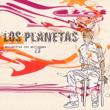 Título "Los Planetas" con un hombre sentado en una silla y fondo abstracto de colores.