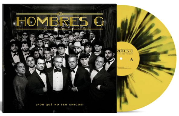 Portada del álbum de Hombres G con un vinilo amarillo junto a un fondo con grupos de hombres.