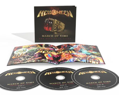 Discos compactos de Helloween con un folleto artístico del álbum "Master of the Rings".