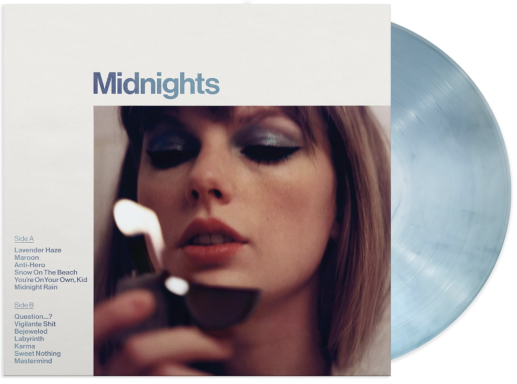 Portada del álbum "Midnights" con una mujer encendiendo un mechero.