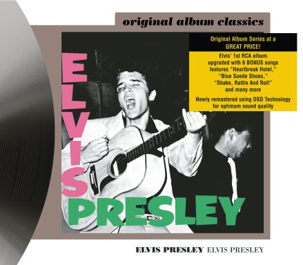 Elvis Presley cantando, con un fondo colorido y texto de álbum clásico.