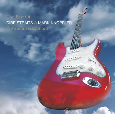 Guitarra eléctrica roja flotando entre nubes en un fondo azul.
