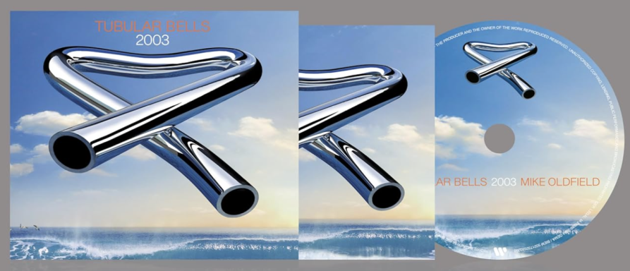 Portada de álbum y disco con un diseño abstracto y fondo de cielo y mar.
