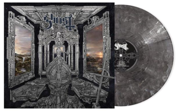 Portada de álbum con ilustraciones oscuras y un vinilo de colores gris y negro.
