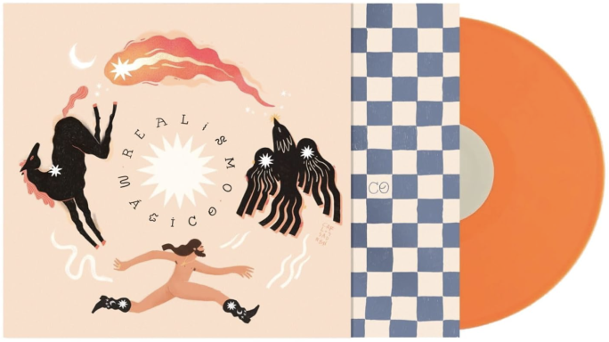 Dibujo de una figura humana rodeada de aves y un sol, junto a un disco de vinilo naranja.